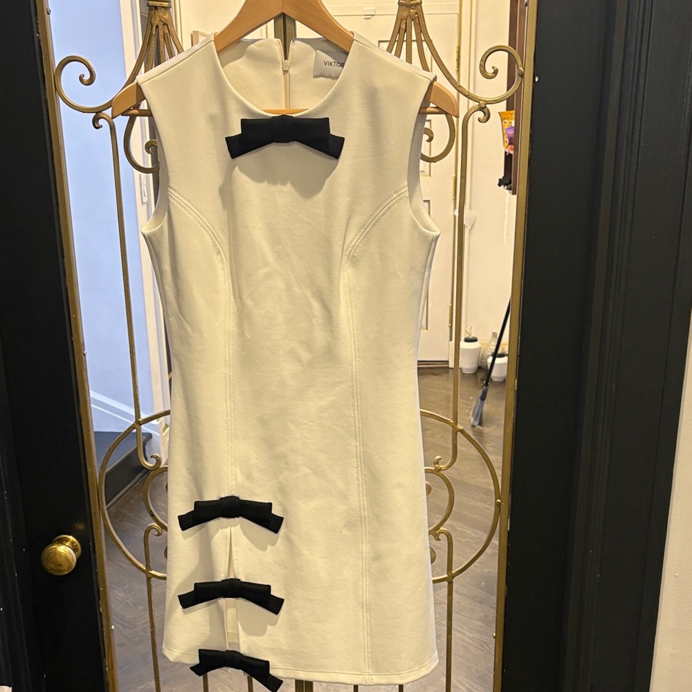 Viktor & Rolf Cream Mini Shift Dress with Black Bows sheer thigh sexy medium